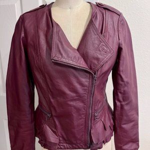Burgundy leather moto-style jacket with ruffle peplum